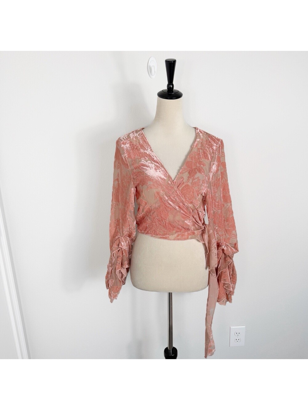 Y2K Pink Floral Burnout Velvet Babydoll Top Fairy Poet Sleeve Romantic Medium